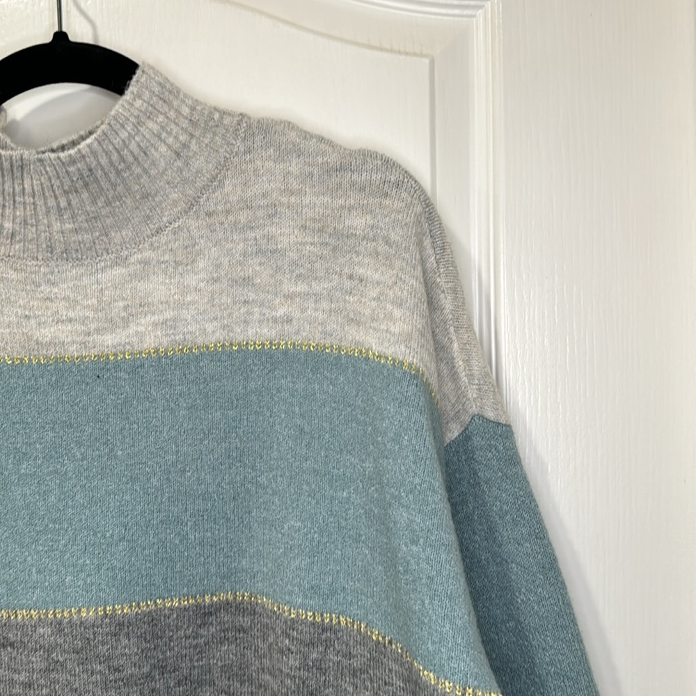 H Halston mock neck sweater, blue and gray striped with gold detail, size L - Picture 3 of 14